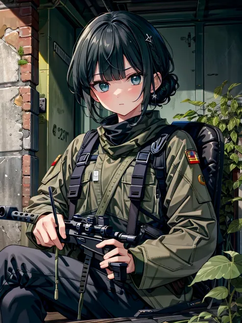 (masterpiece),(top-quality),(ultra-detailed),(high resolution),(in 8K animation),(beautifull detailed face),(beatiful detailed eyes),(anatomically correct),(Keep your head small),1girl,black short hair,((chignon)),blunt bangs,wearing army camouflage unifor...