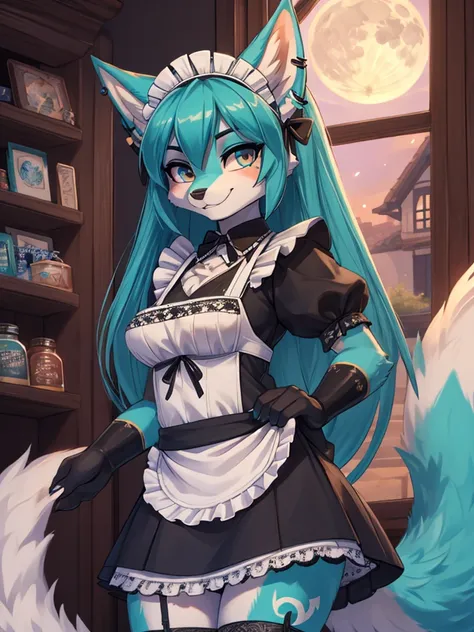 Miku Hatsune, add high definition_detail:1, blue fur,kitsune ears, tribal tattoo add_detail:1, posing during a full moon showing off her beautiful figure and her outfit. (Maid lingerie, maid mini skirt)sweaty body add_details:1, smiling add_detailsl:1, ear...