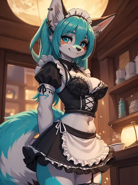 Miku Hatsune, add high definition_detail:1, blue fur,kitsune ears, tribal tattoo add_detail:1, posing during a full moon showing off her beautiful figure and her outfit. (Maid lingerie, maid mini skirt)sweaty body add_details:1, smiling add_detailsl:1, ear...