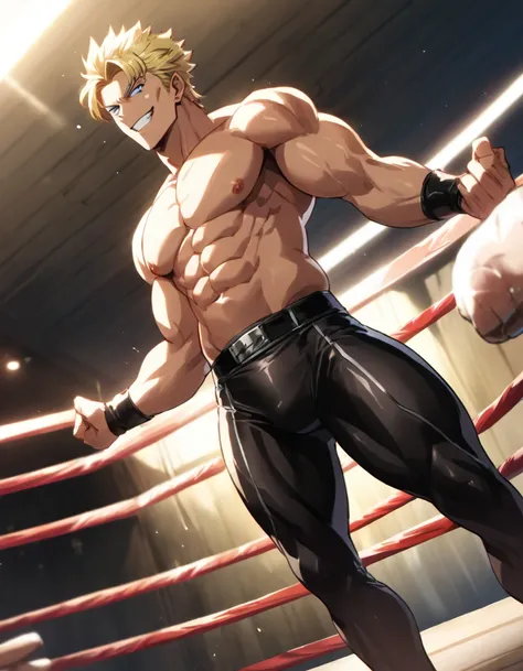 1man, solid dude, gallant beau, blonde, tsurime, sanpaku, blue eyes, spiked hair, 24yo, great muscular, hot wrestler, stocky waist, BREAK high ratio body proportions, handsome, beautiful detailed eyes, toned body, elder chinpira, masculine playboy, wild ca...