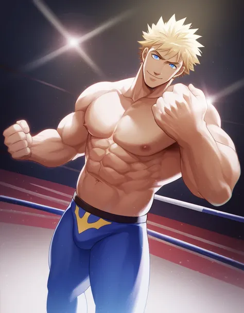 1man, solid dude, gallant beau, blonde, tsurime, sanpaku, blue eyes, spiked hair, 24yo, great muscular, hot wrestler, stocky waist, BREAK high ratio body proportions, handsome, beautiful detailed eyes, toned body, elder chinpira, masculine playboy, wild ca...