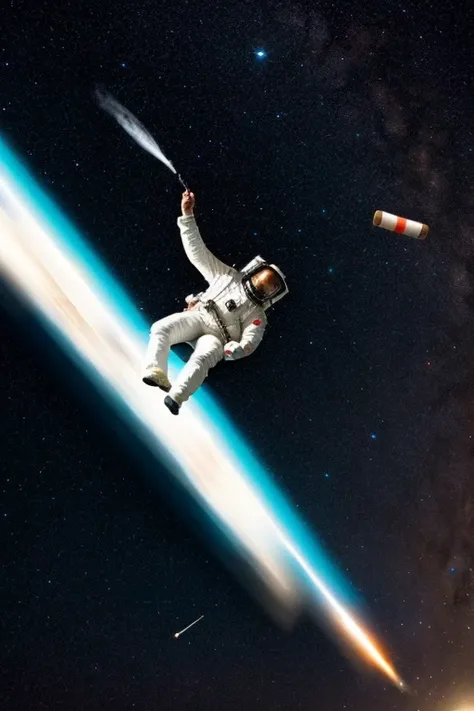 A guy flying through space with a cigarette in his hand, no helmet. 