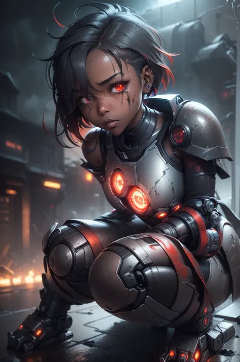 1girl, Female robot, superheroine, (((damaged android girl))), (((rusted))), burned, (((battle damage))), ((((mising left arm)))), (((exposed inner frame))), teenager, (((black with red accents extremely damage robotic cyber armor))), (blue ripped cape), (...