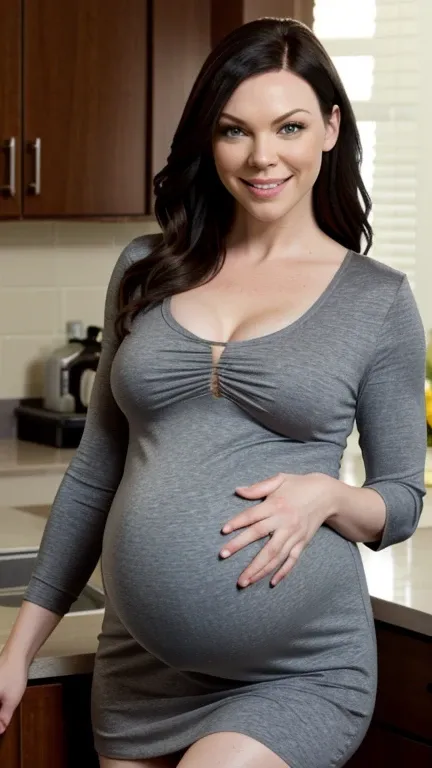 Laura Prepon wearing sexy maternity clothes and smiling