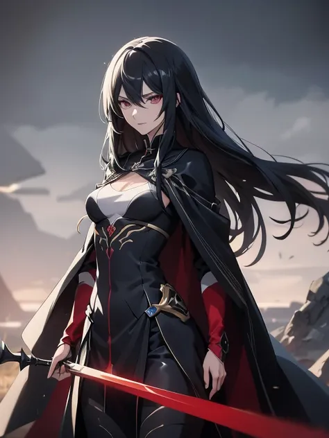 (Confused, high resolution, very detailed), 1 woman, black hair,long hair,Crimson eyes,Blue and black battle clothes,24th generation,beauty,mature,thin,quiet,careful,small smile,Long cloak,Slender and thin,skinny pants,grassland,hill,big bust, purple eyes,...