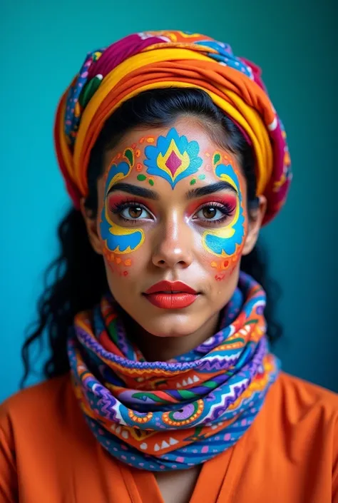 An exquisite artistic portrait featuring a Mexican woman with her face and head adorned in vibrant, intricate body paint. The orchaid and abstract patterns are beautifully interwoven, with bold colors such as bright blue, Orange, purple, and Lenon green ac...