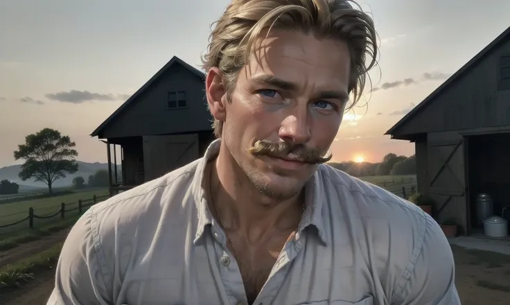 [((highly detailed, detailed eyes, detailed face, clear and realistic facial features, photorealistic, realistic light, cinematic)), ((((1 man)))), Mark is a handsome and alluring slender wiry male farmer father aged 45 with short blond hair and a neat mou...