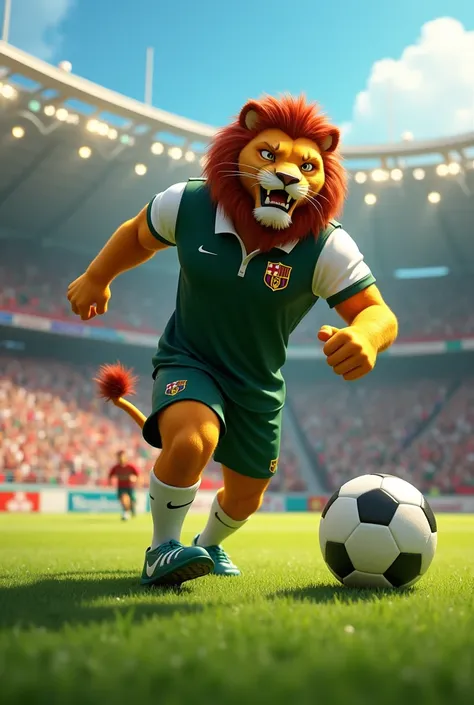 Animated realistic lion wearing a dark green and white sports polo, playing football in a stadium 