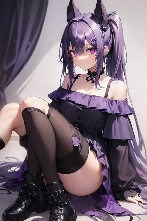 a ((girl)) with (((long and layered cut dark greyish-purple-blue hair))), and has a (((purple left eye, and dark blue right eye))), wears a ((knee high off shoulder (black) dress)), ((long white socks, black shoes, and a black cat hairclip))