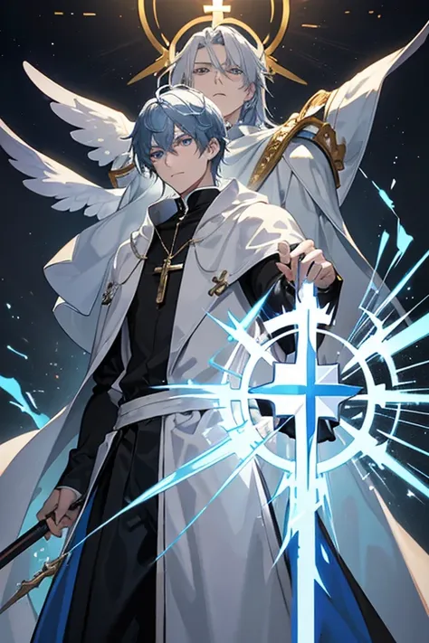 30-year-old priest have short, messy silver-blue hair and eyes of the same color. He is a tall and muscular man, wearing a Holy Knights robe with a cross on his chest, wearing a golden crucifix necklace and holding it. a spear in his hand