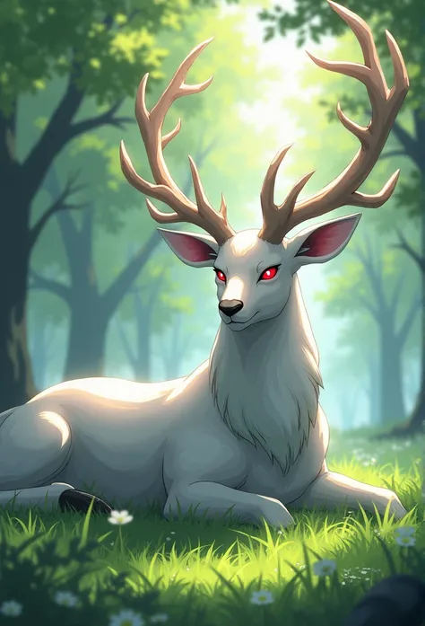 Detailed anime art depicting a huge silence ((white)) Resembling a male deer ((Pokémon Xerneas)) in ((Bright red eyes)) that gives off a dangerous aura in large antlers laying down while looking at the camera