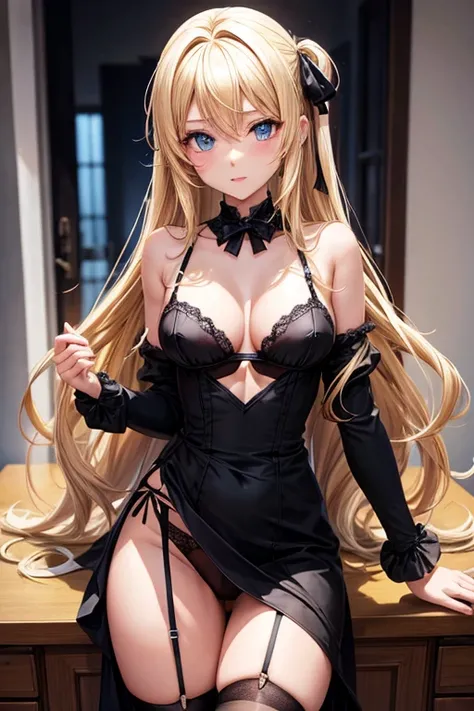 Black lingerie with stockings. Add corse. Style anime. Blonde girl