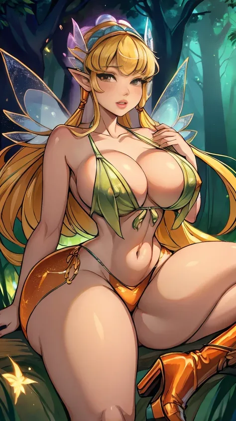 (Kizi,whole body,thick-thighs),(intended intentions),(faerie,比基尼),(high-heels),(faerie wings),(magic forest),(natta),(Magia no ar), nipples visible through clothing.