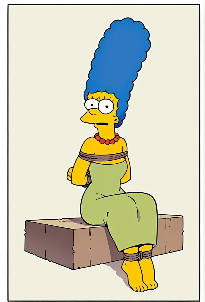 marge simpson, sitting, green dress, ned necklace, blue hair, looking at viewer, barefoot, Focus full body, tied ankles together, bondage 