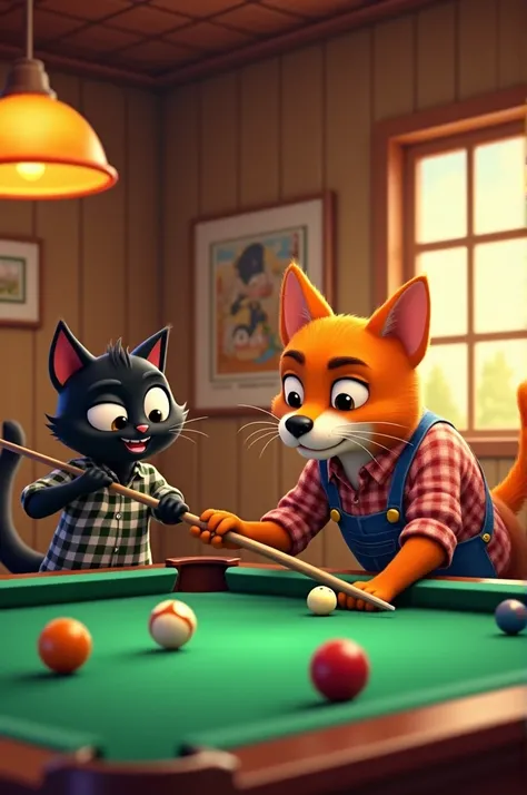 Two cartoon dogs are playing billiards at a green pool table inside a cozy room with wooden walls and retro lighting. The orange tabby, wearing a checkered shirt and overalls, focuses intently on the game, while the black cat, dressed in a plaid shirt, sta...