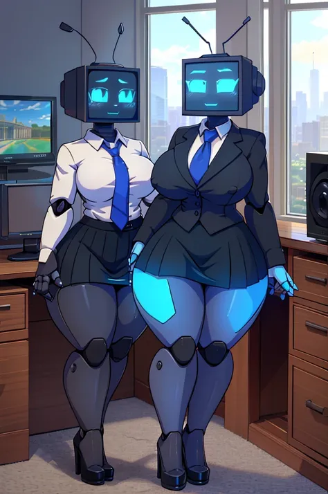 (masterpiece) (high Res), (robot), (Perfect face), (perfect anatomy) Television Head, woman in super tight clothes, (office suit), (mini skirt), shirt, tie, blue glowing eyes, huge breast, narrow waist, wide hips, thick thighs, Brown skin, metal body, blac...