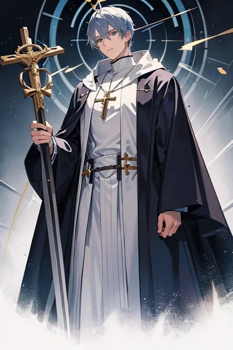 30-year-old priest have short, messy silver-blue hair and eyes of the same color. He is a tall and muscular man, wearing a Holy Knights robe with a cross on his chest, wearing a golden crucifix necklace and holding it. a spear in his hand