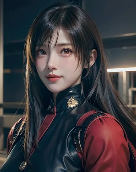 Tifa Lockhart, 1girl, detailed skin, looking at viewer, (red eyes:1.2), smile, (military uniform:1.4)