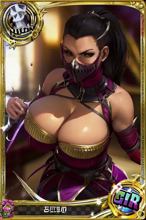 Trading card, Mileena, sexy pose, big breasts, bubble but, face mask, sexy dress
