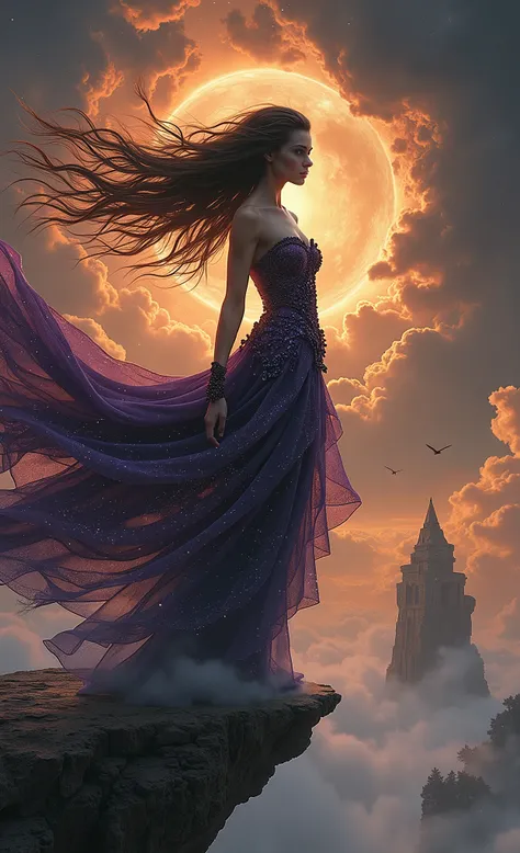 A mesmerizing and intricate science-fantasy painting by T Mann NYC, featuring a hyper-realistic vampire queen sorceress. She has dark hair, mysterious attire with fluid-like patterns, and basks in intense golden sunlight. The artwork is filled with vibrant...