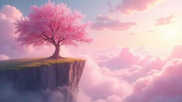 アニメ, a tree with pink flowers on a cliff in the sky, dream scenery art, background art, アニメ linda cena de paz, dreamlike digital painting, papel de parede de paisagem de アニメ, fairy tale style background, Fantasy Background, sky background, nuvens fofas de ...