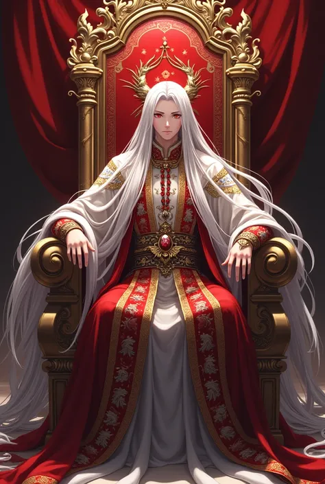 Anime boy emperor with long white hair and red eyes