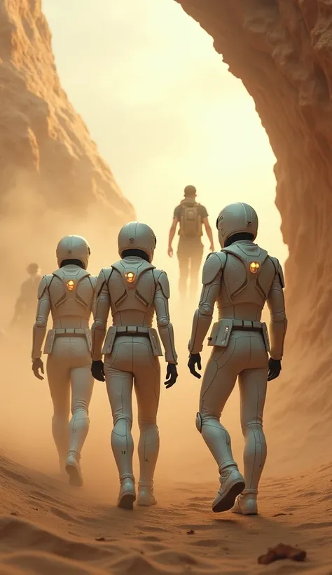 Futuristic soldiers in white costumes. Looking through a tear in a force field. Seeing someone in black clothes and a backpack flee through a desert sandstorm.