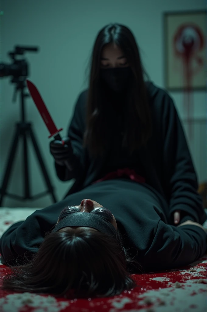 korean girl, (behind corpse, holding knife), black balaclava mask, black gloves, room full of blood, black raincoat, holding knife, black gloves, woman on top, lesbian, behind corpse, blood splatter, bed room, night, mass murderer, plump girl, killer, bloo...