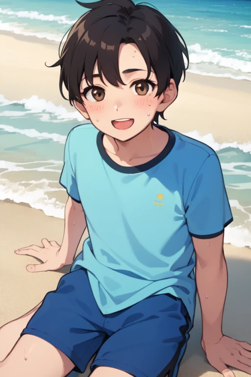 Brown boy on the beach, happy, at daytime, colors, sweaty, Beautiful, pastel, sunny, Frozen 
