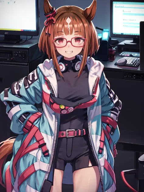 One Girl、transcend (umamusume)、Brown bob style with a downward-sloping front、Red glasses、Red eyes、Light blue jumper with front opening、Black underwear、Shorts、Red Belt、White headphones around the neck、Grin、Put your hands in your pockets、Leaning forward、Watc...