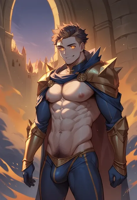 A tall, muscular male renaissance knight with long, messy, curly golden brown hair. He has hazel eyes and he is smiling. He is wearing tight, skimpy silver armor with a indigo cape, indigo thong, and indigo gloves. He has a bulge, he has big nipples, and h...