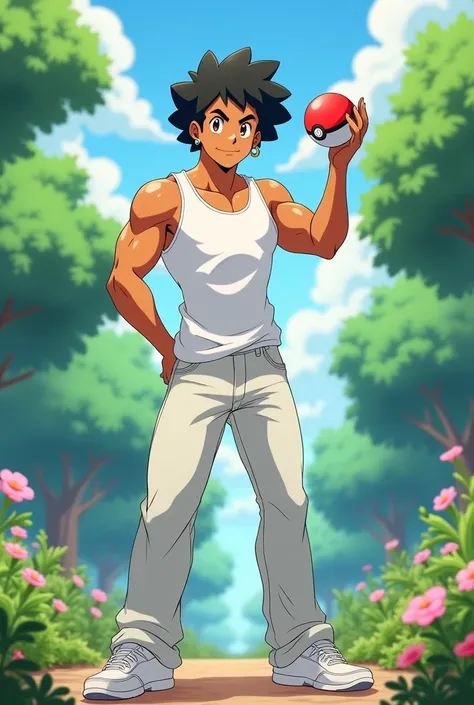 a white Brazilian boy with black curly hair, has honey eyes and a WORKED body, he is tall and wears a white tank top with a dark jacket, a pair of loose white jeans and white shoes, he wears two round earrings, is holding a Pokéball in his right hand and i...