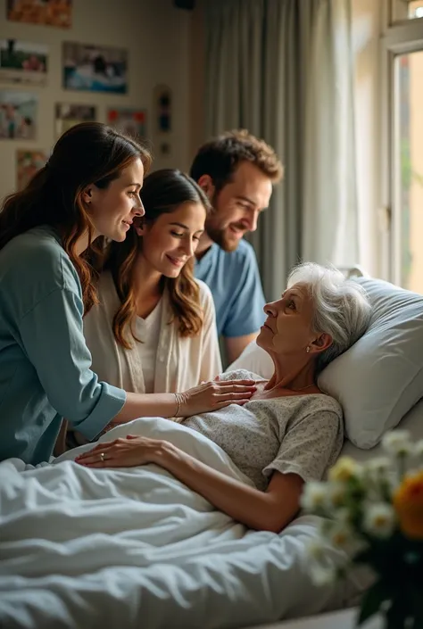 A mother in the hospital for the final moments of her life with her son surrounding her with her whole family, a daughter and a son, and his wife.