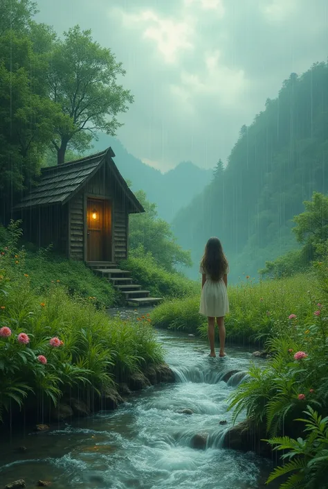 Rain and greenery with hut and river one girl 
