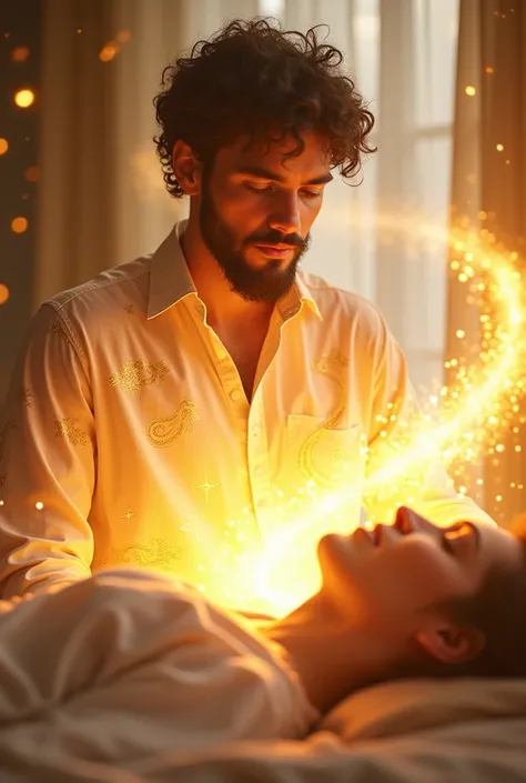 A 21 Year Old Boy With Faciel Beards And White Golden Shirt With Bright Golden Energy Hand , He Heal A Person With Univerce Golden Energy , A Person Lying Down And Energy Heal The Body 