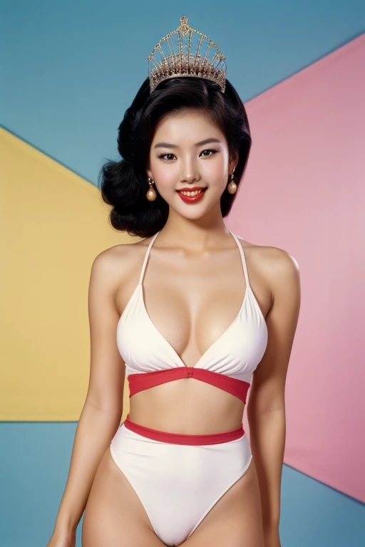 Seoul, 1982, A young korean beautiful girl, 20-year-old, sexy girl, strikingly beautiful, black hair, big breasts, delicate facial features, porcelain skin, red lips, expressive eyes, ((awe and joy expression)),(golden tiara, earrings), miss korea, (Miss K...