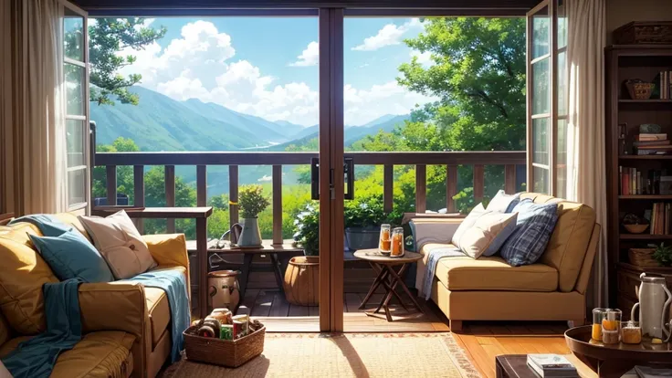 cute characters such as photographers and entertainers, relaxing in a cozy living room. Out of the window,, conveying a calm and peaceful summer scenery. a character that creates a relaxing and comfortable atmosphere, perfect for relaxing themed LoFi Hip H...