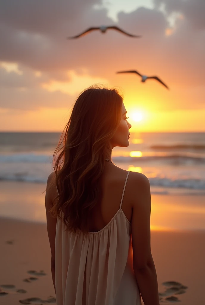 The first image appears to be a She has medium light brown or blonde straight hair, styled loosely, and is wearing a beige or light brown top.  facing the ocean only back nor showing face, watching the sunset. The sky is partly cloudy, and the sunset casts...