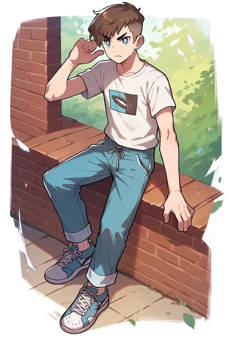 Human Male 20 anos, Brown ,pixie cut Side Hair Style  , blue pupils , white t-shirt ,Shoes sneakers , blue Pants , Full body 