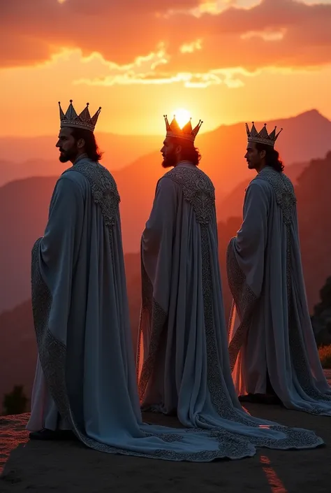 A 3 kings in grey colour dress 3 in row in sunset 