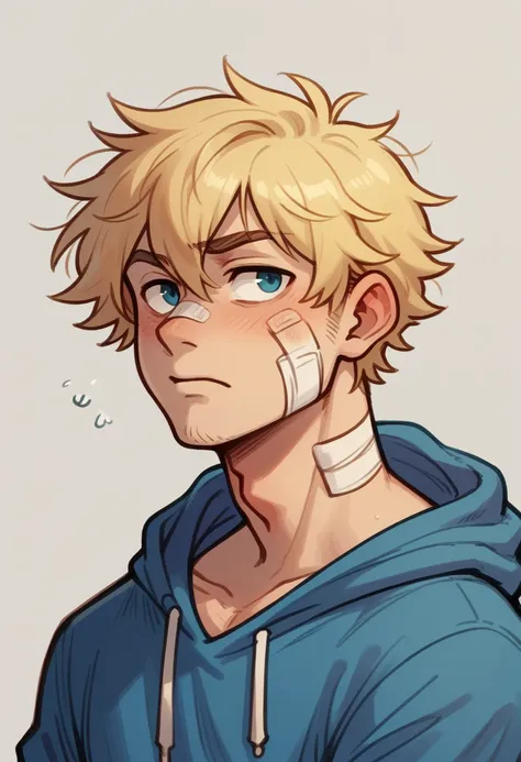 human male, blonde messy  hair , wearing blue hoodie , wearing bandage