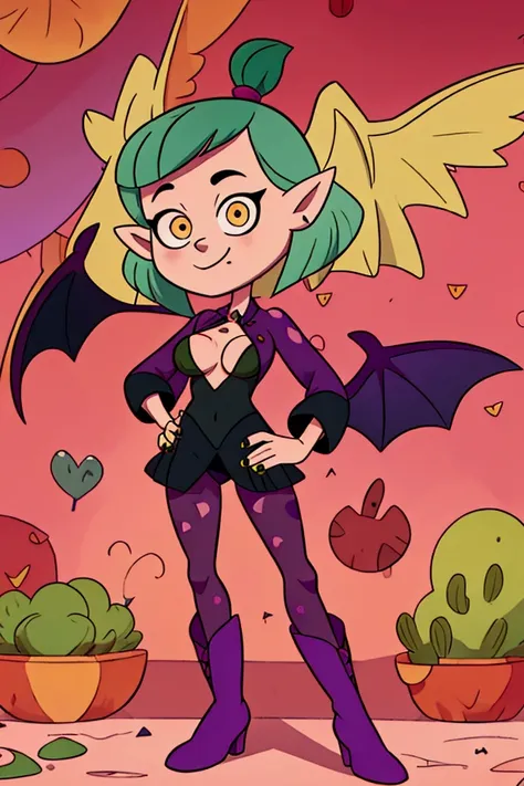 1girl, bat_print, morrigan_aensland, print_legwear, breasts, pantyhose, solo, animal_print, cosplay, wings, head_wings, yellow_eyes, large_breasts, leotard, pointy_ears, green_hair, cleavage, demon_girl, multicolored_hair, boots, hand_on_hip, smile, bat_wi...