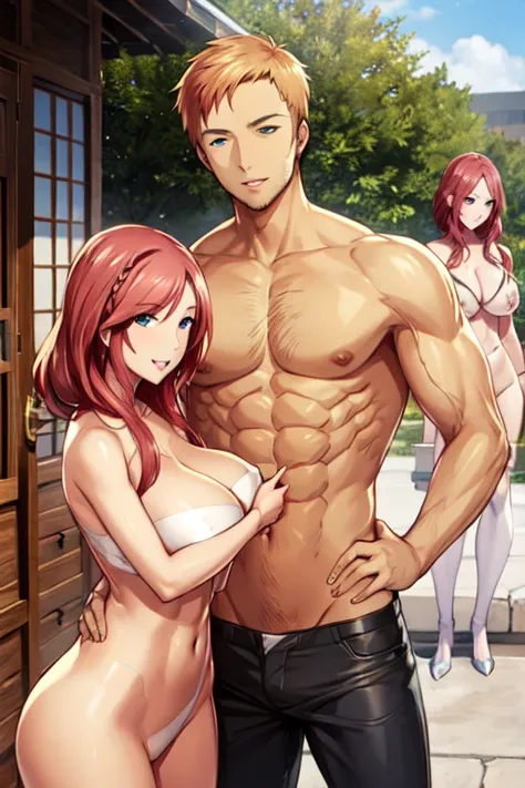 blond haired man, tan skinned man, (slim woman:1.7), naked, standing, Red hair, 2 people, smiling