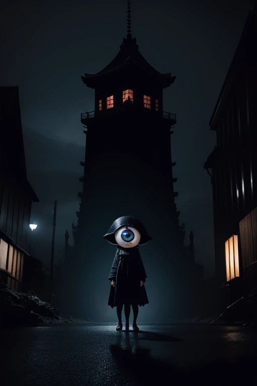 ghost men,dark hut,black eyes,(big eyes:1.5),horor,dark,curse,black hund,monster,dead,japanese horor style,hyper realistic,retro,1980s,break in the city,midnight,building,