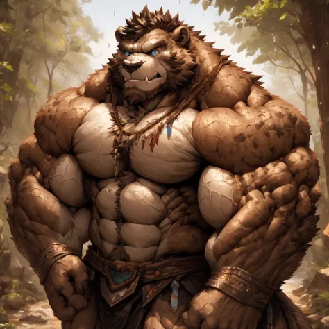 sweaty ,muscular , upper body, rainy ,rain forest, hairy ,anthropomorphic ,chest, hair, serious face,（scar on face）, mature ,（bl...