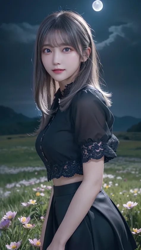 masterpiece, Highest quality, One person, (colorful),(Beautifully detailed eyes and face),cinematic Lighting,Bust Shot,Highly detailed CG Unity 8k wallpaper,Gray Hair,alone,smile,Complex skirt,((Flying petals)),(Flowery meadow) null, cloudy_null, building,...