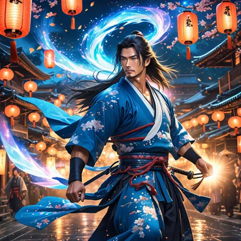 one realistic samurai male with blue eyes and muscular body with long hair in ancient attire, magical aura emitting magic,  flyi...