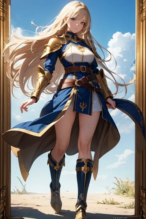 a full-body portrait of a young woman in anime style, with long, light blonde hair, framed by a white mantle adorned with golden...