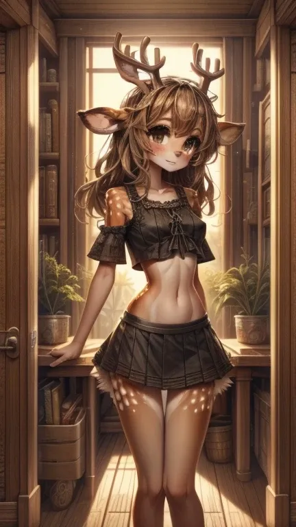 Best quality, super detailed illustration, warm colors, perfect lighting, more details (cute anthropomorphic deer girl: 1.4), female face and body, thick and disheveled hair, black mini skirt, black top, sleepy vision, dark circles, medium breasts, thin wa...