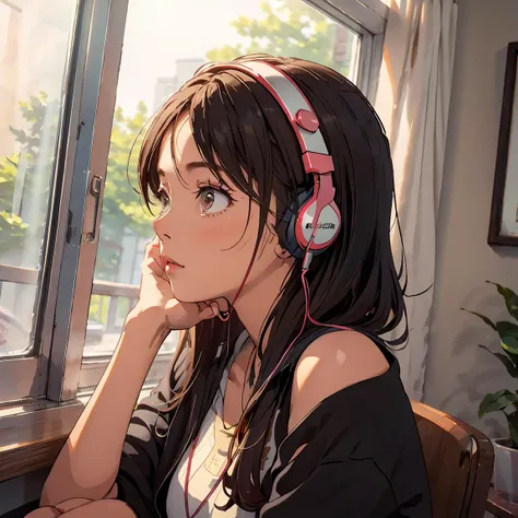 optimal，masterpiece，high resolution，highest quality，a warm room。a beautiful woman looking out the window。wearing one headphone。i...